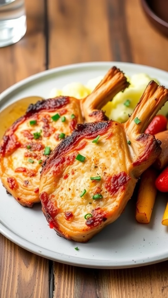 Crispy air fryer pork sirloin chops on a plate with herbs and sides of roasted vegetables and mashed potatoes.